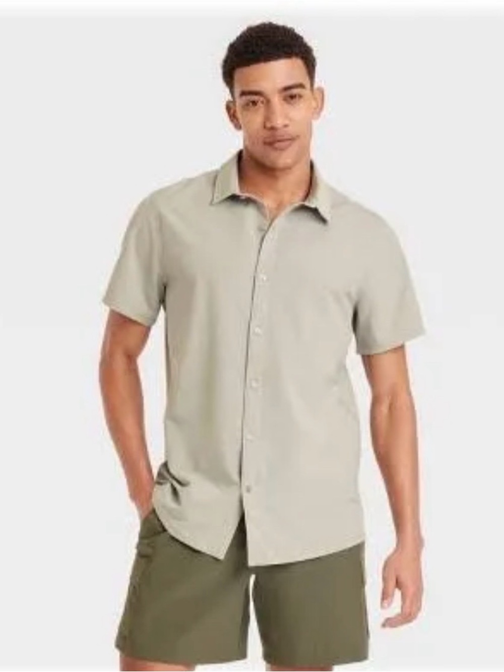 Men’s Short-Sleeve Sage Green Button-Down Shirt- All in Motion